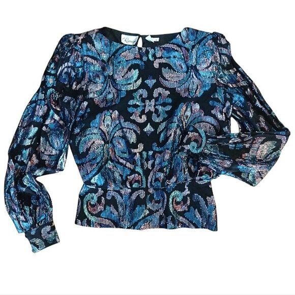 VTG 70s Black Blue Lurex Metallic Long Sleeve Panelled Hem Disco Blouse Medium - Picture 2 of 16